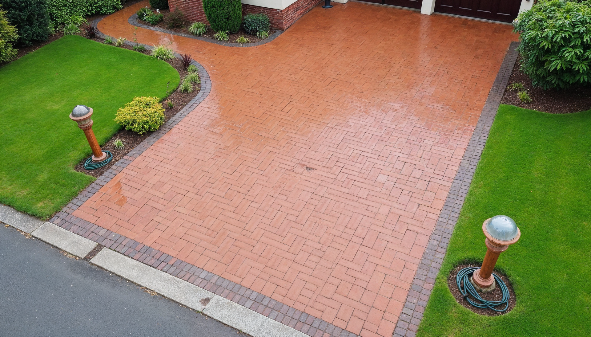 Red brick driveway and walkway with a lush green lawn and decorative lights.