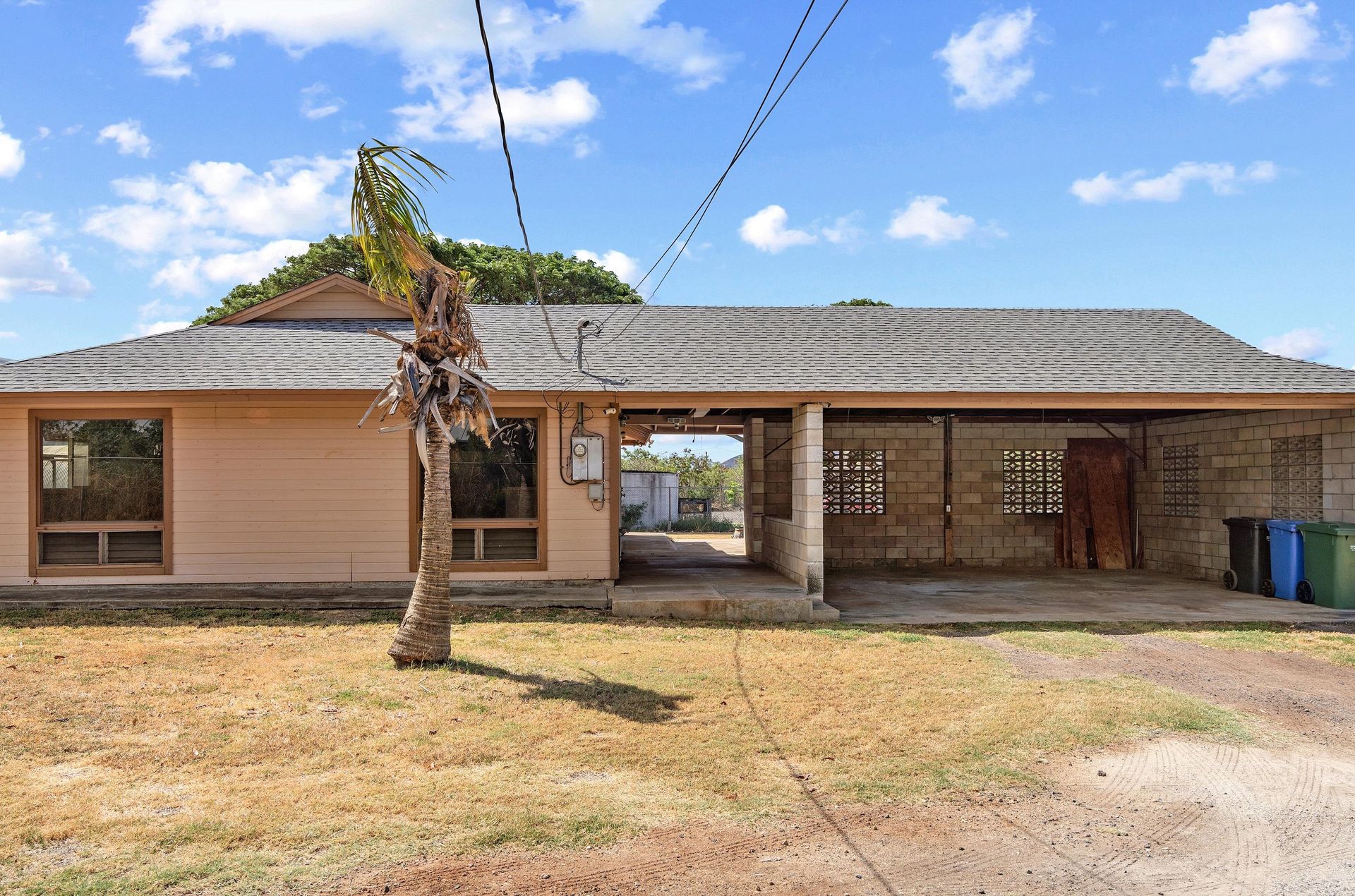 A large house with a palm tree in front of it.