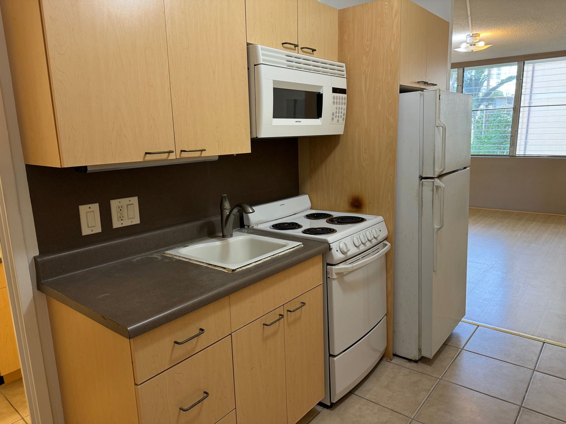 A kitchen with a stove a sink a microwave and a refrigerator