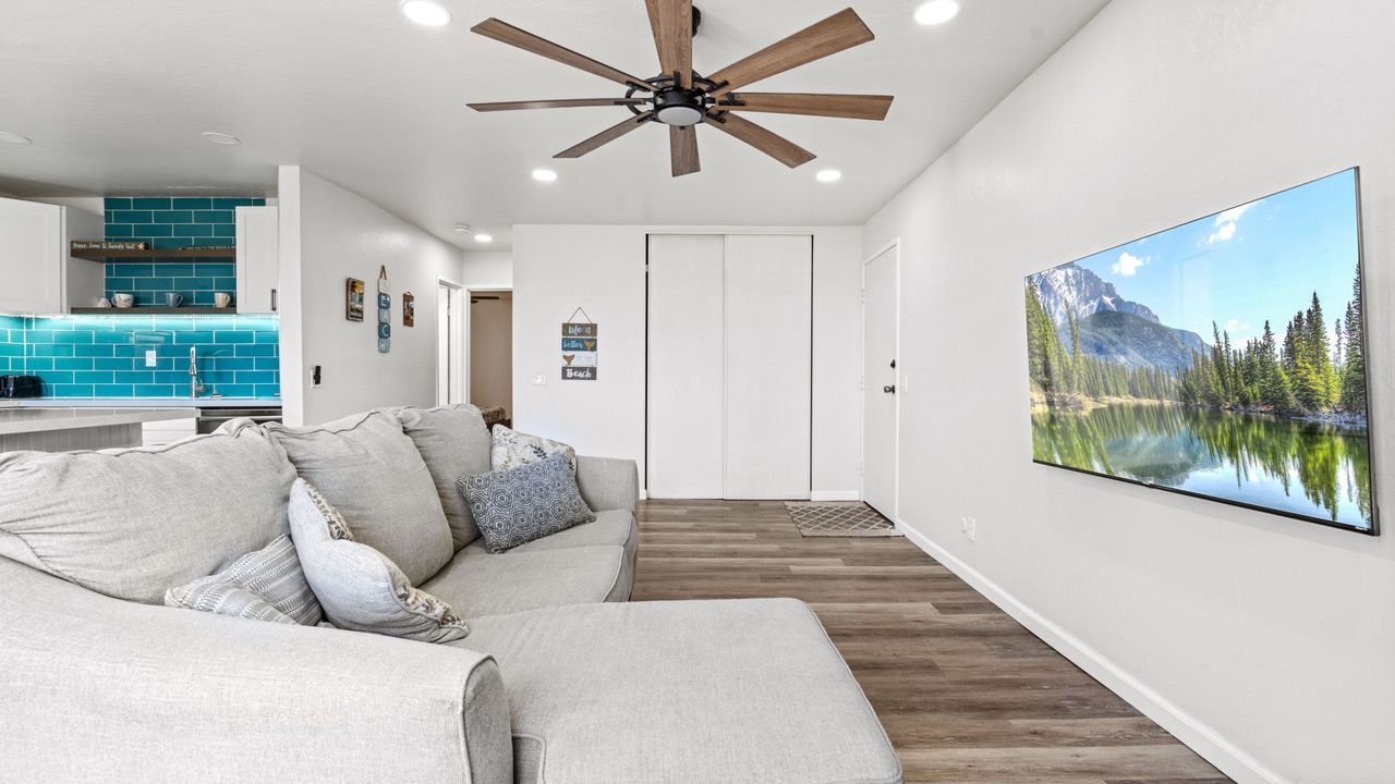A living room with a couch , television and ceiling fan.