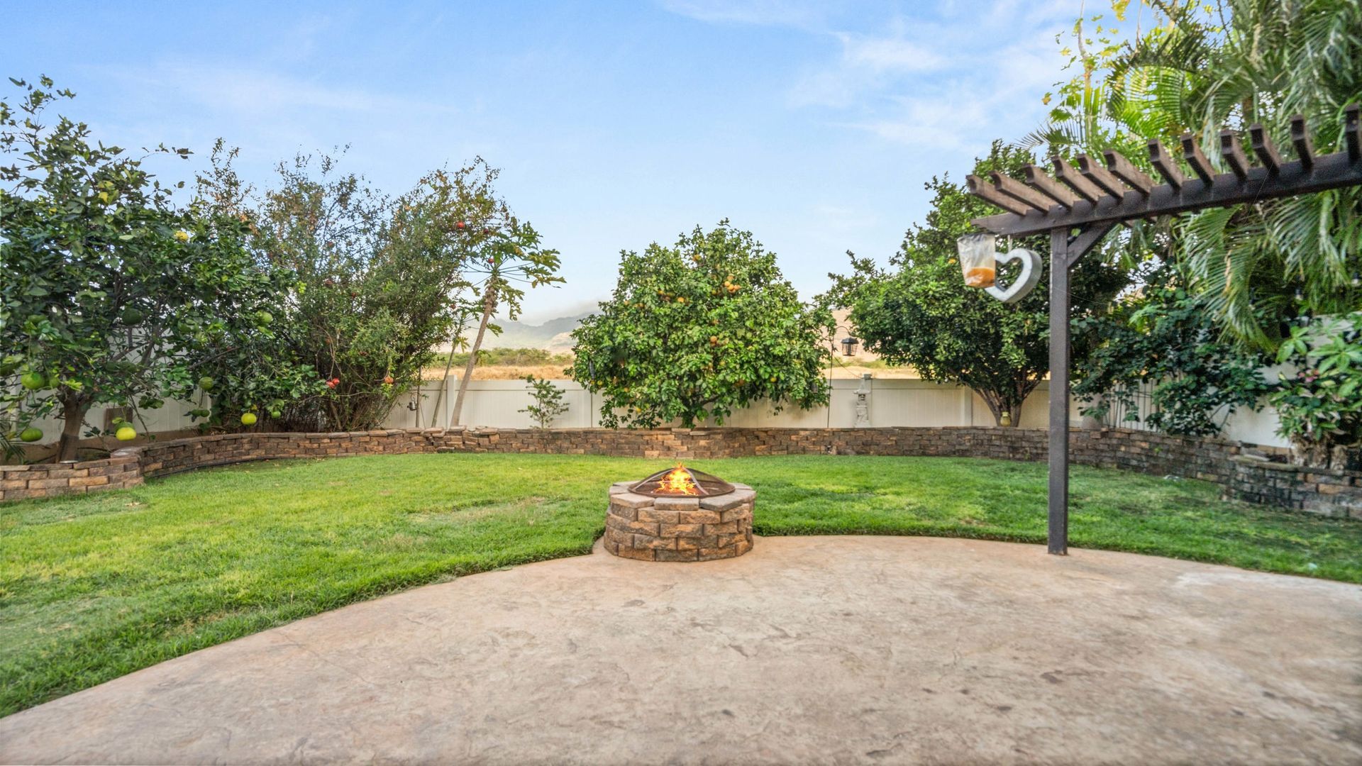 There is a fire pit in the middle of the backyard.