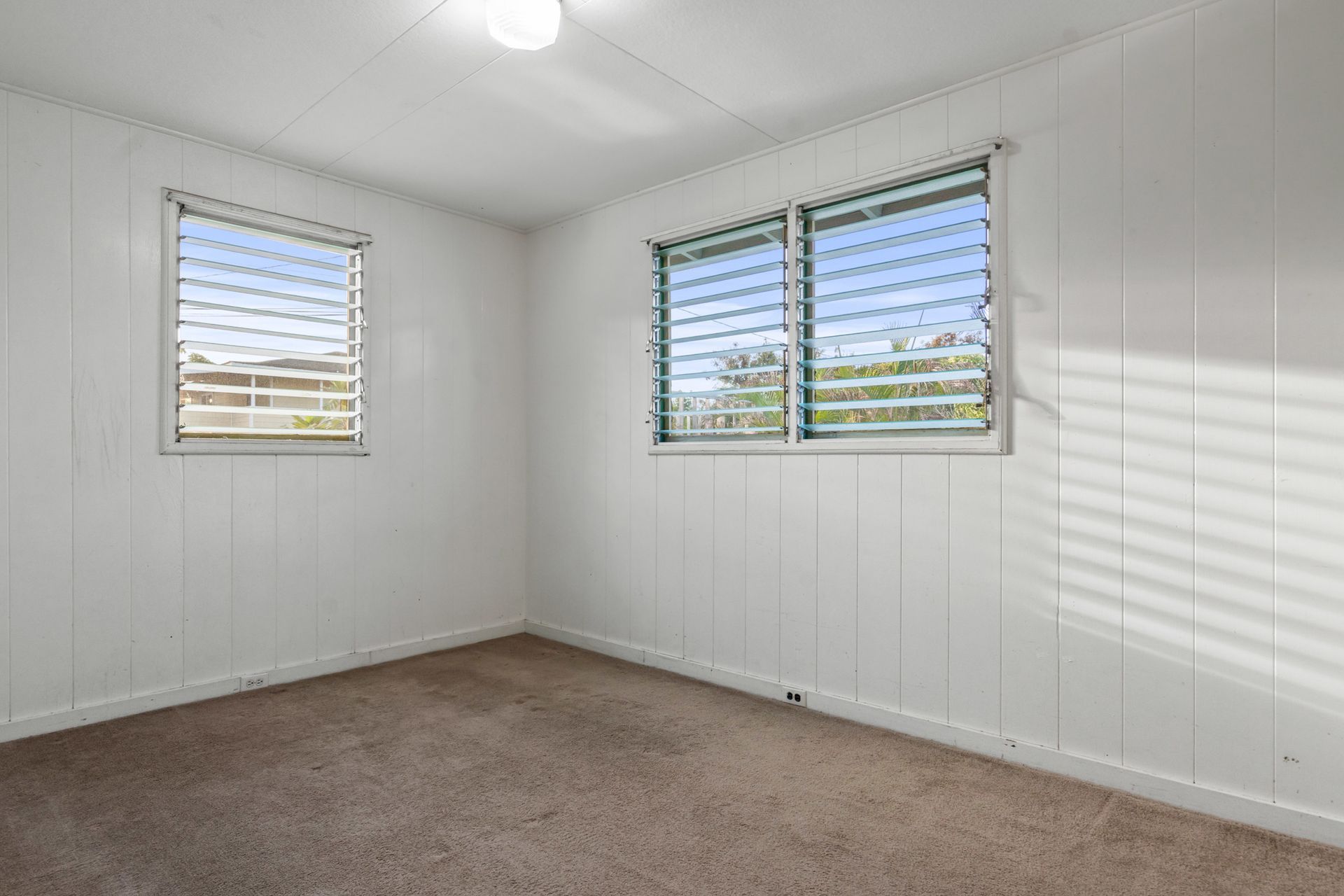 An empty bedroom with two windows and a carpeted floor.