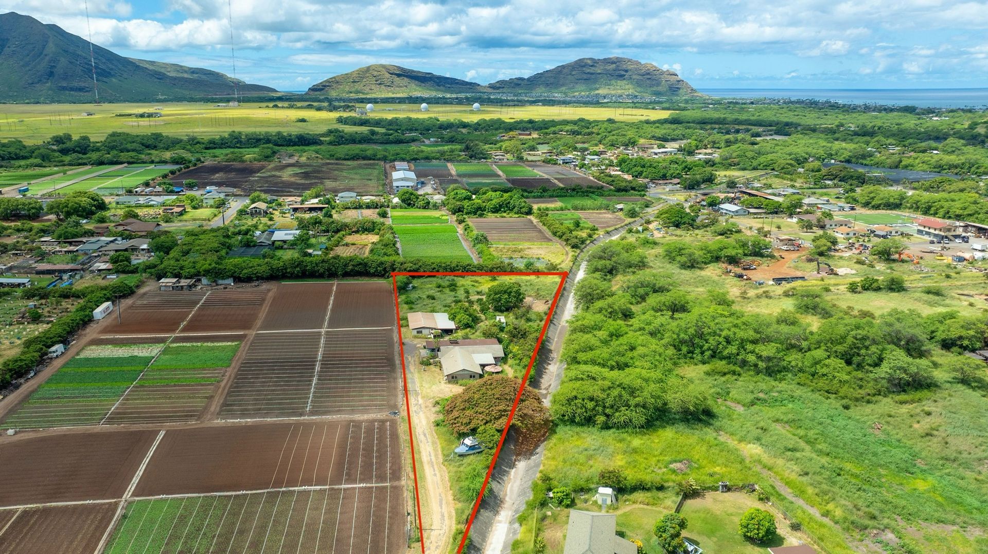 An aerial view of a lush green field with mountains in the background.
