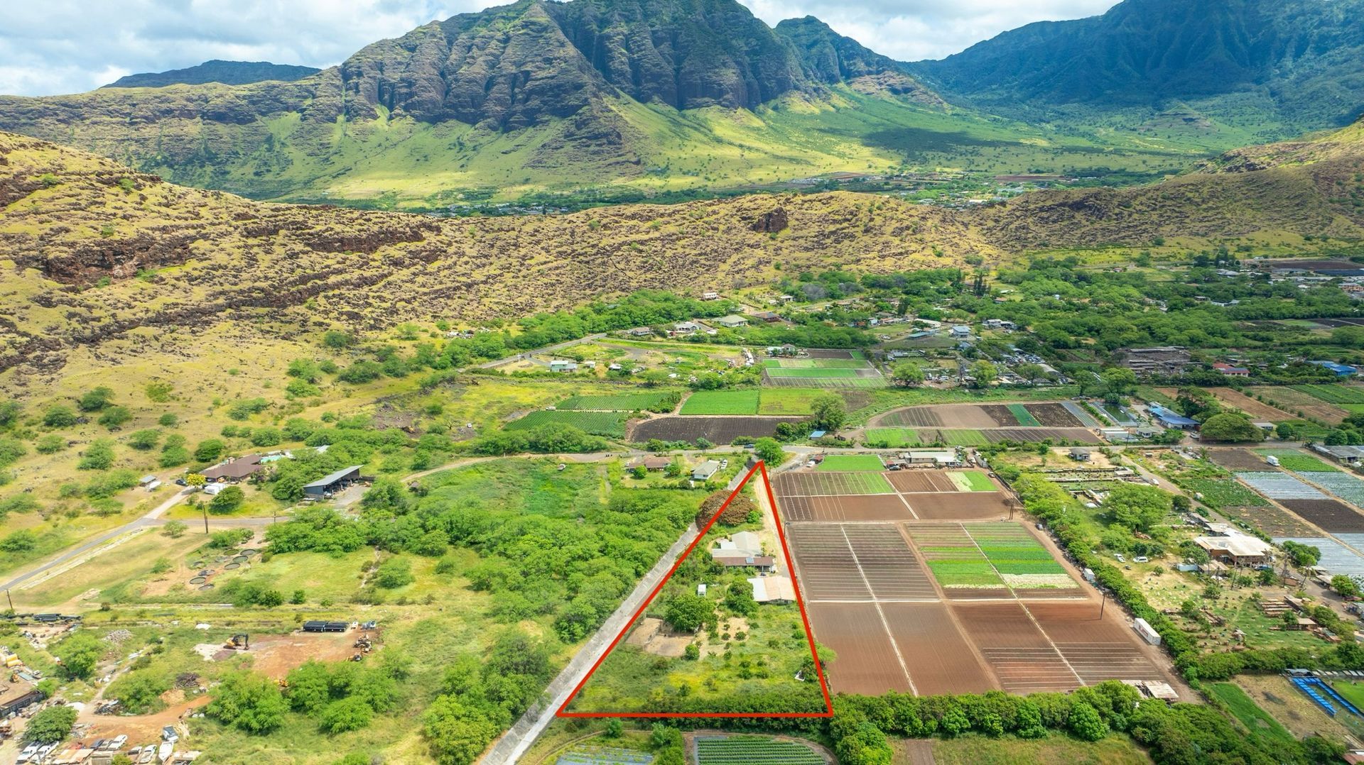 An aerial view of a lush green valley with mountains in the background.