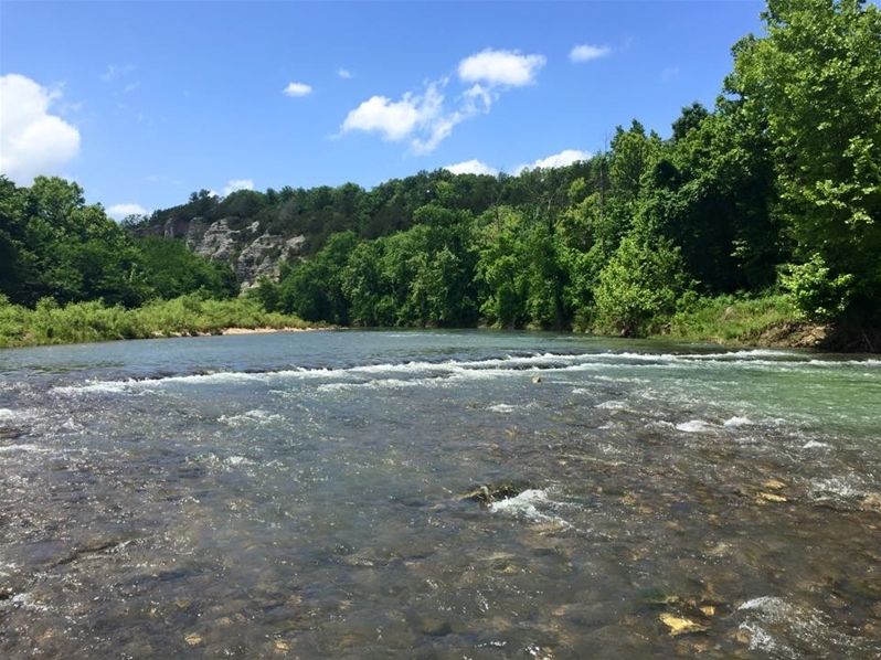 A shallow, flowing river under a blue sky, surrounded by green trees and a rock bluff.