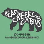 Bear-shaped logo with "Bear Creek Log Cabins" text, phone number, and website address; set on green background.