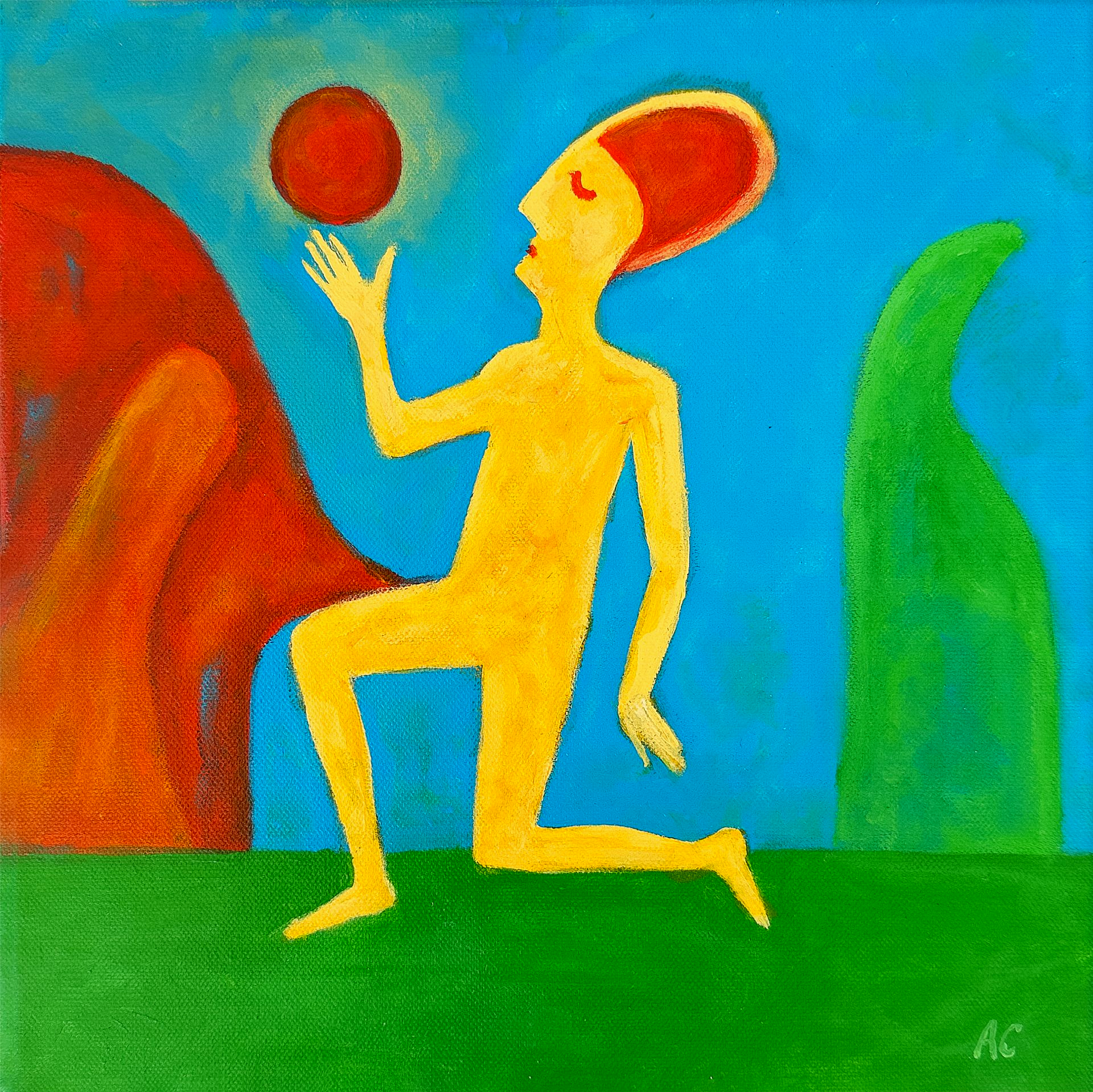 Abstract painting of a yellow figure kneeling, holding a red sun. Red and green forms rise behind against a blue background.