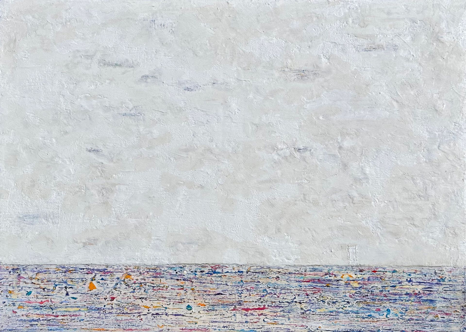 Abstract painting in plaster and acrylics. White plaster over colour sits on the top three quarters of the painting with the outline of a door on the horizon line . The bottom quarter  is multi coloured and absent of texture