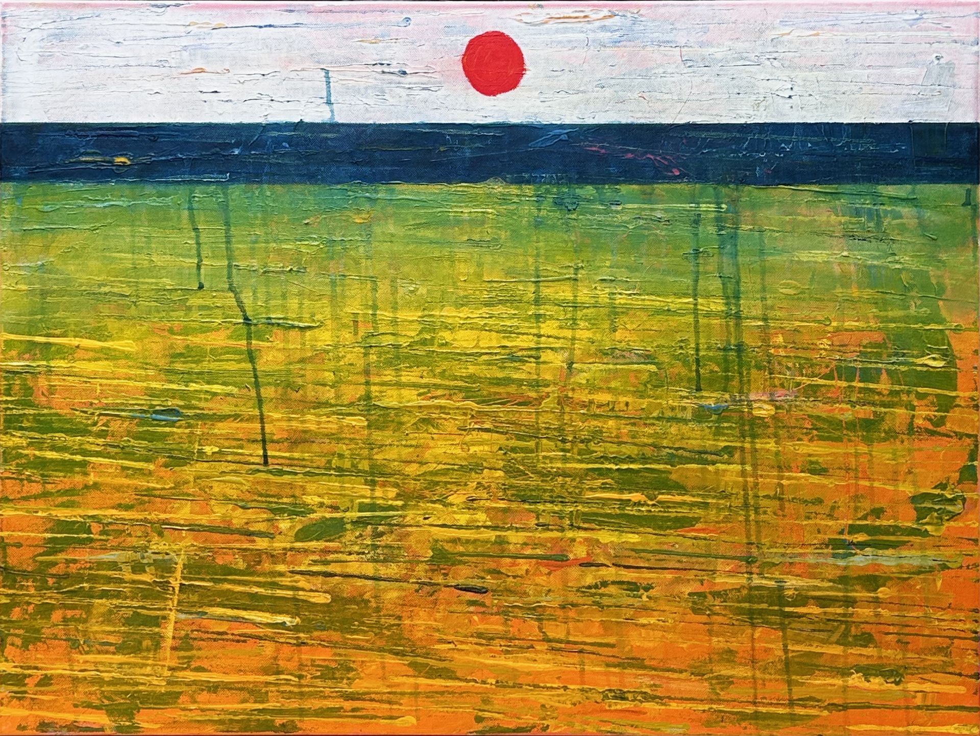 Aurora’s Embrace, abstract landscape painting with bands of green, yellow, and orange beneath a dark horizon and a red sun