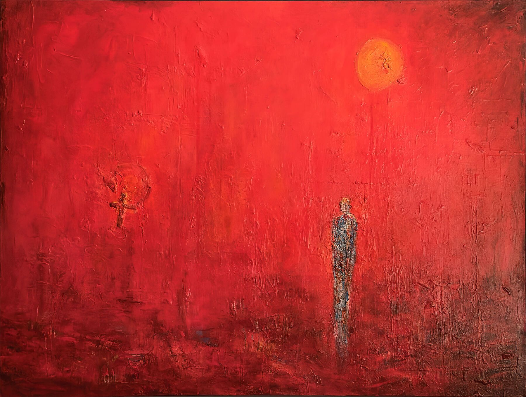 Beyond the Crossroads, abstract painting with a solitary figure in a red landscape beneath a pale orange sun