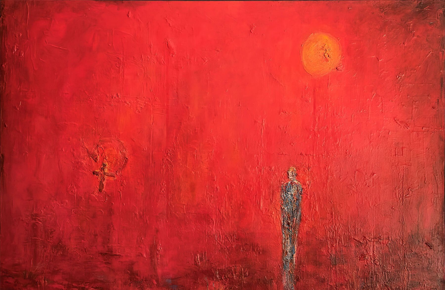 A lone figure stands against a red backdrop, representing self-reflection and emotional transformation. Bold, cathartic, and deeply moving.