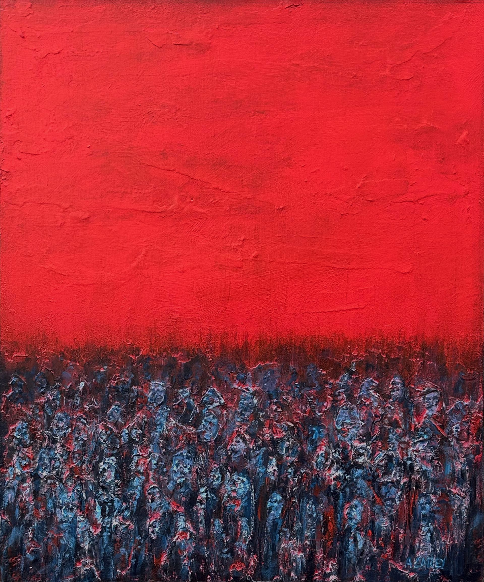 Painting showing abstracted figurative elements in dark blue and white set against a red sky. A closer inspection reveals a multitude of faces in the figures