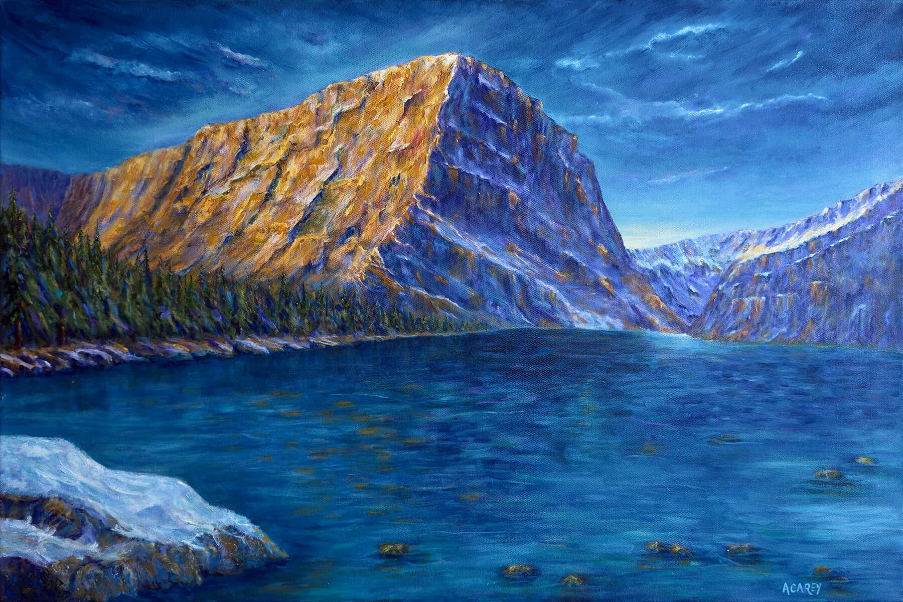 Painting of Lake Louise mountain rising above cold blue water, with warm ochre rock face, reflected light, and a strong sense of stillness and scale