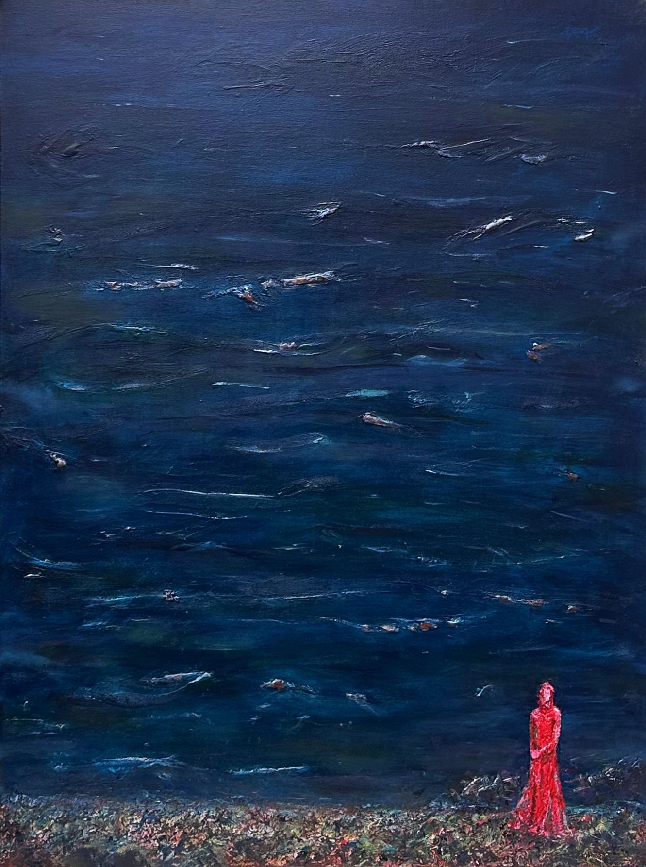 Cathleen’s Gaze, figurative painting of a red-robed figure standing at the edge of a dark blue sea beneath a vast night sky