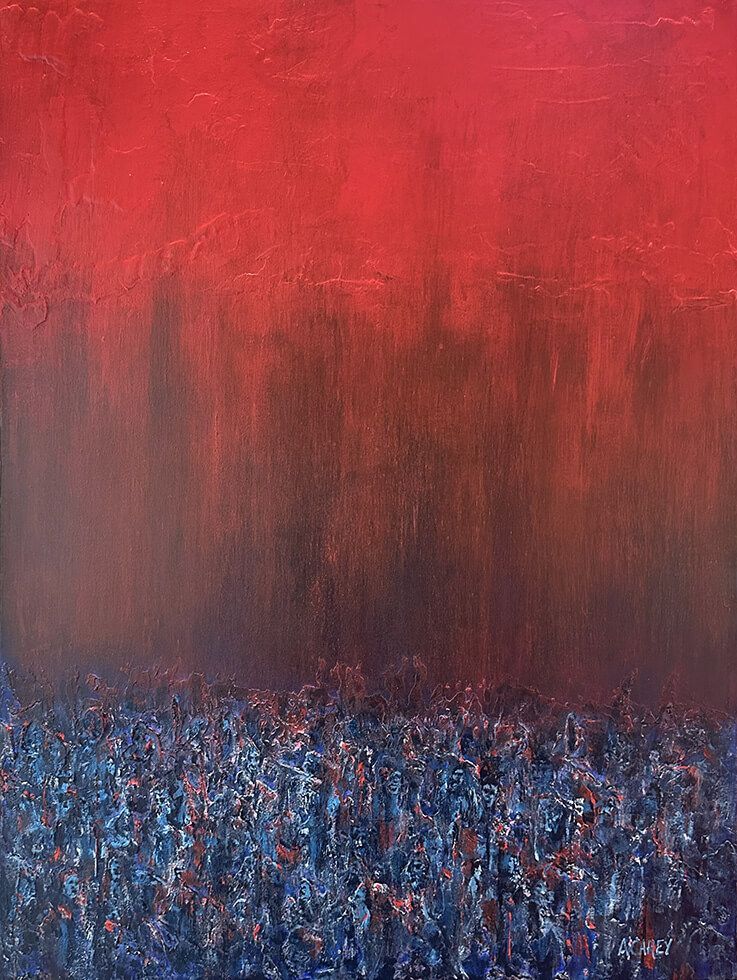 Abstract painting with a vivid crimson red sky fading into a dark horizon. Below, a densely textured field of blue-black vertical marks suggests a mass of compressed, unmoving figures.