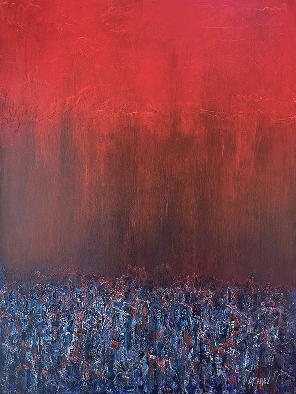 Abstract painting with a vivid crimson red sky fading into a dark horizon. Below, a densely textured field of blue-black vertical marks suggests a mass of compressed, unmoving figures.