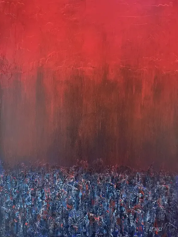 Crimson landscape painting with a vivid red sky above a dark horizon and a densely textured field of blue-black vertical marks