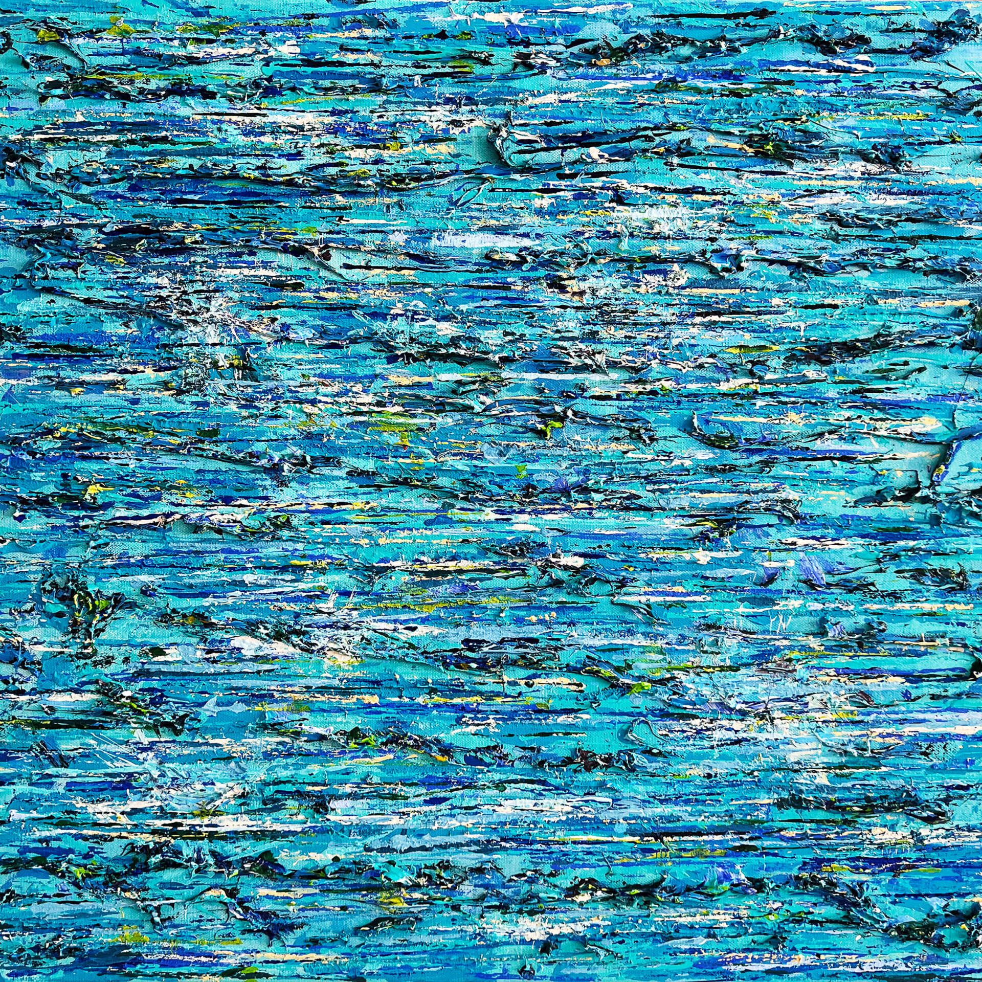 Turquoise and blues abstract painting with raised textures