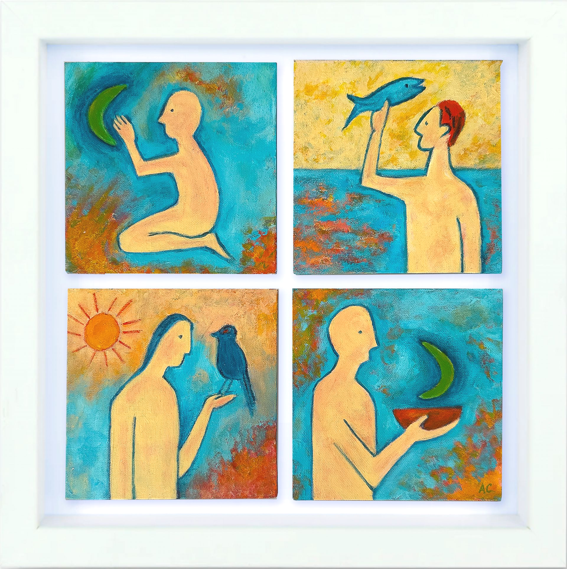Framed set of four square symbolic paintings by Anthony Carey. Each figure interacts with a blessing: the moon, a fish, a bird, and a bowl.