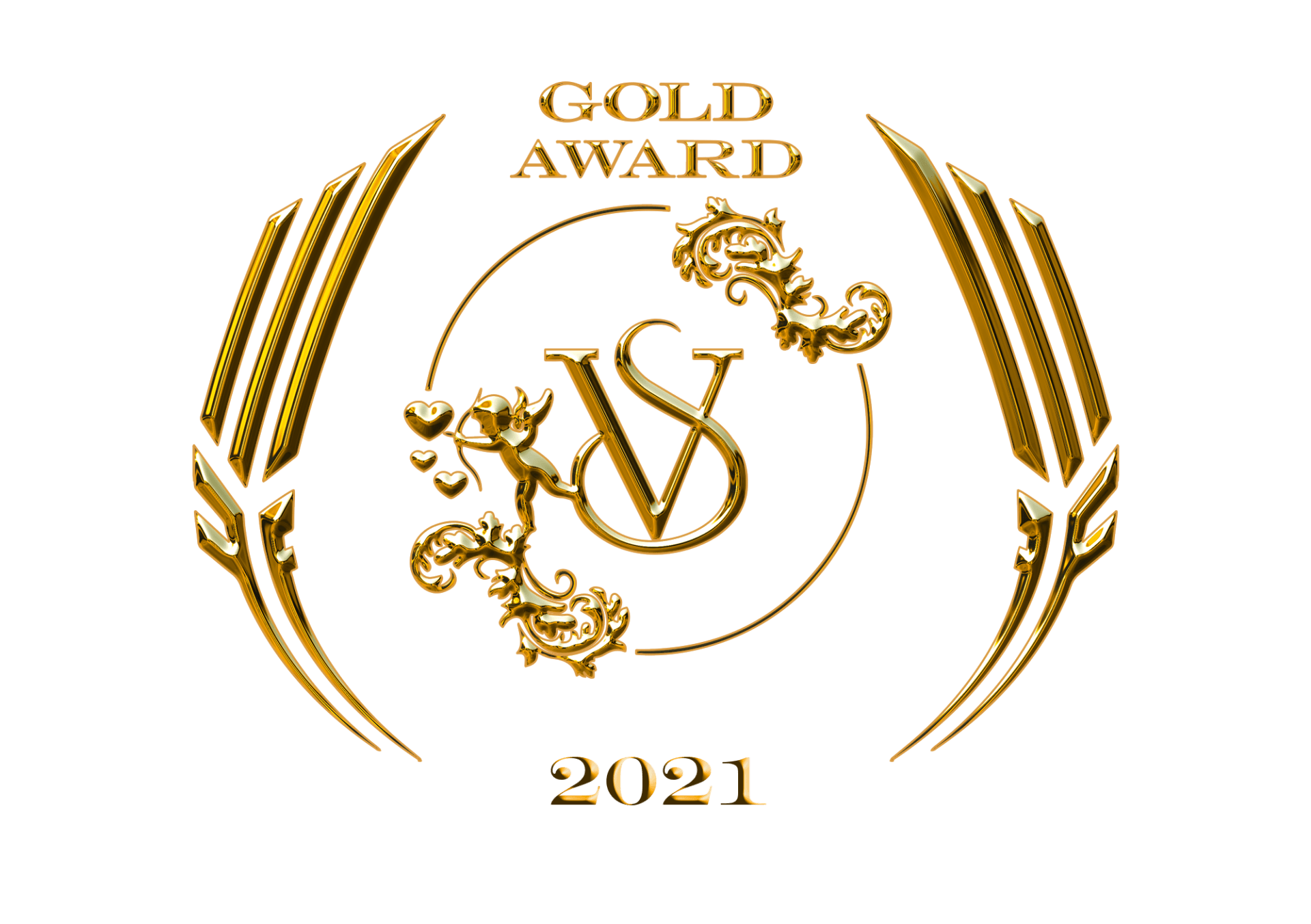 Laurel with text,Gold Award, the letters V and S interwined, 2021