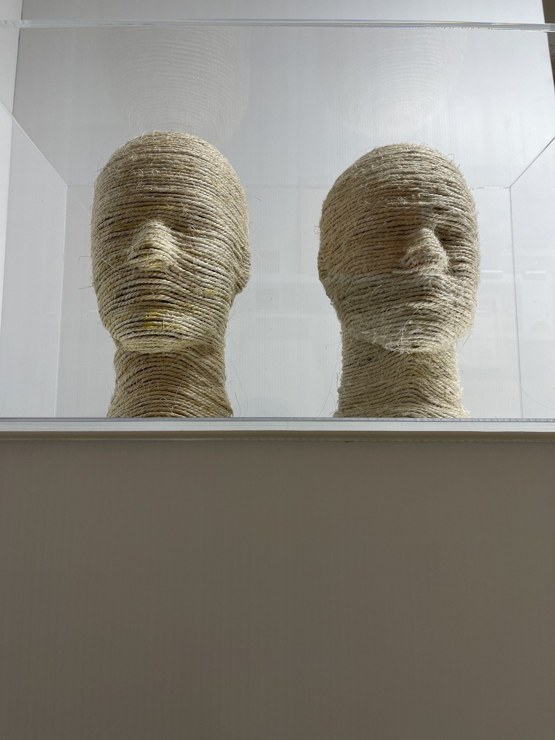 Two mannequin heads wrapped in sisal, face the observer. In a clear acrylic box with a mirrored base.