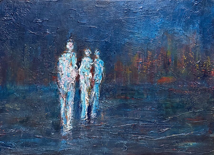 Textured figurative painting with three ghostlike figures walking across a darkened surface. The background features a faint, glowing cityscape. The figures appear fractured and luminous against a deep, moody blue sky.
