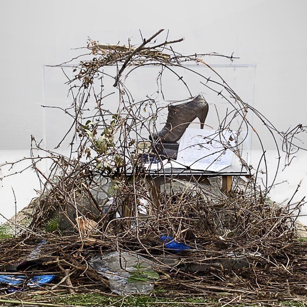 A perspex case containing a single bronze shoe, surrounded by tangled branches and detritus; a letter, memorial card, and lock of hair rest inside.