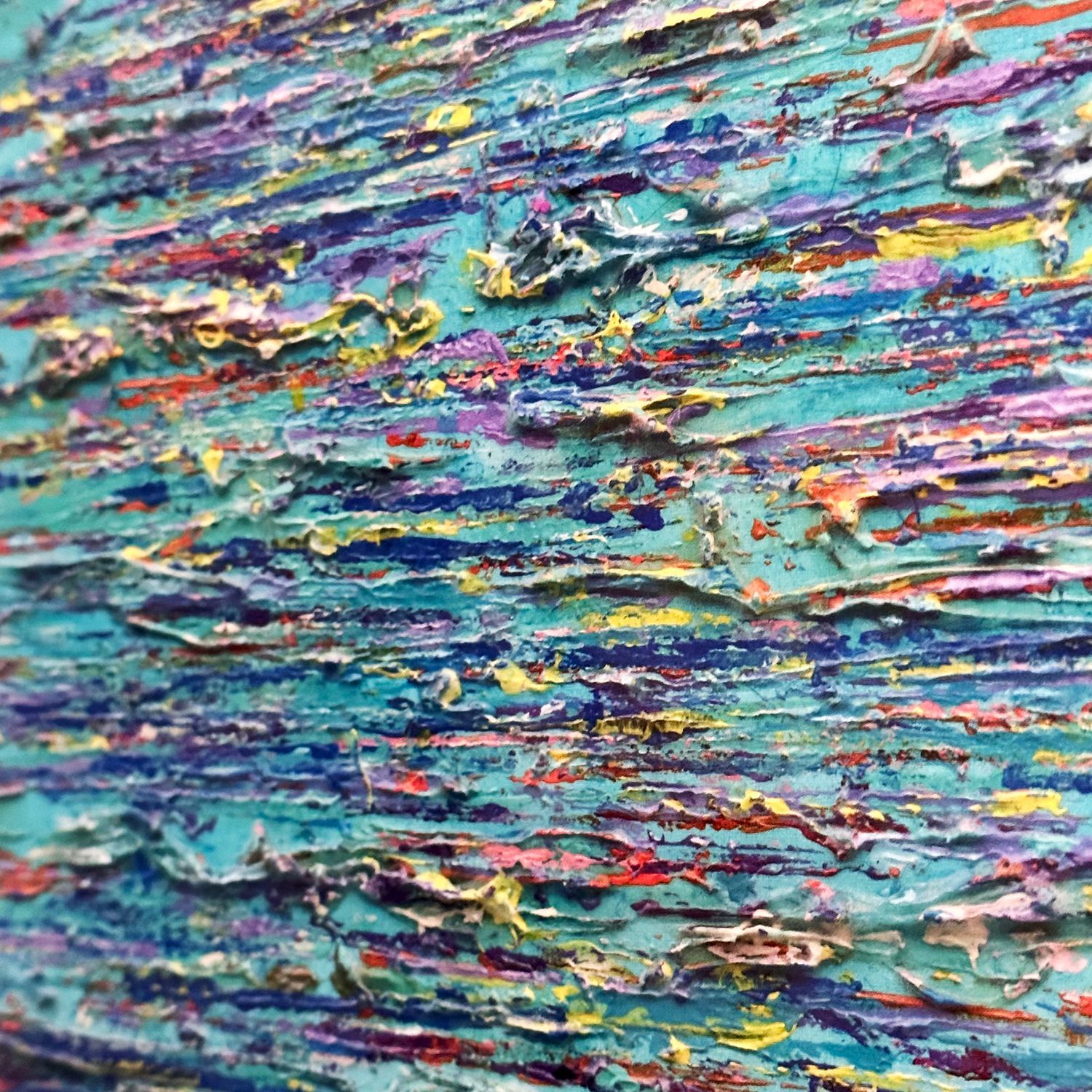 Close up of painting showing texture ich, deep turquoise abstract painting captured in a giclee print