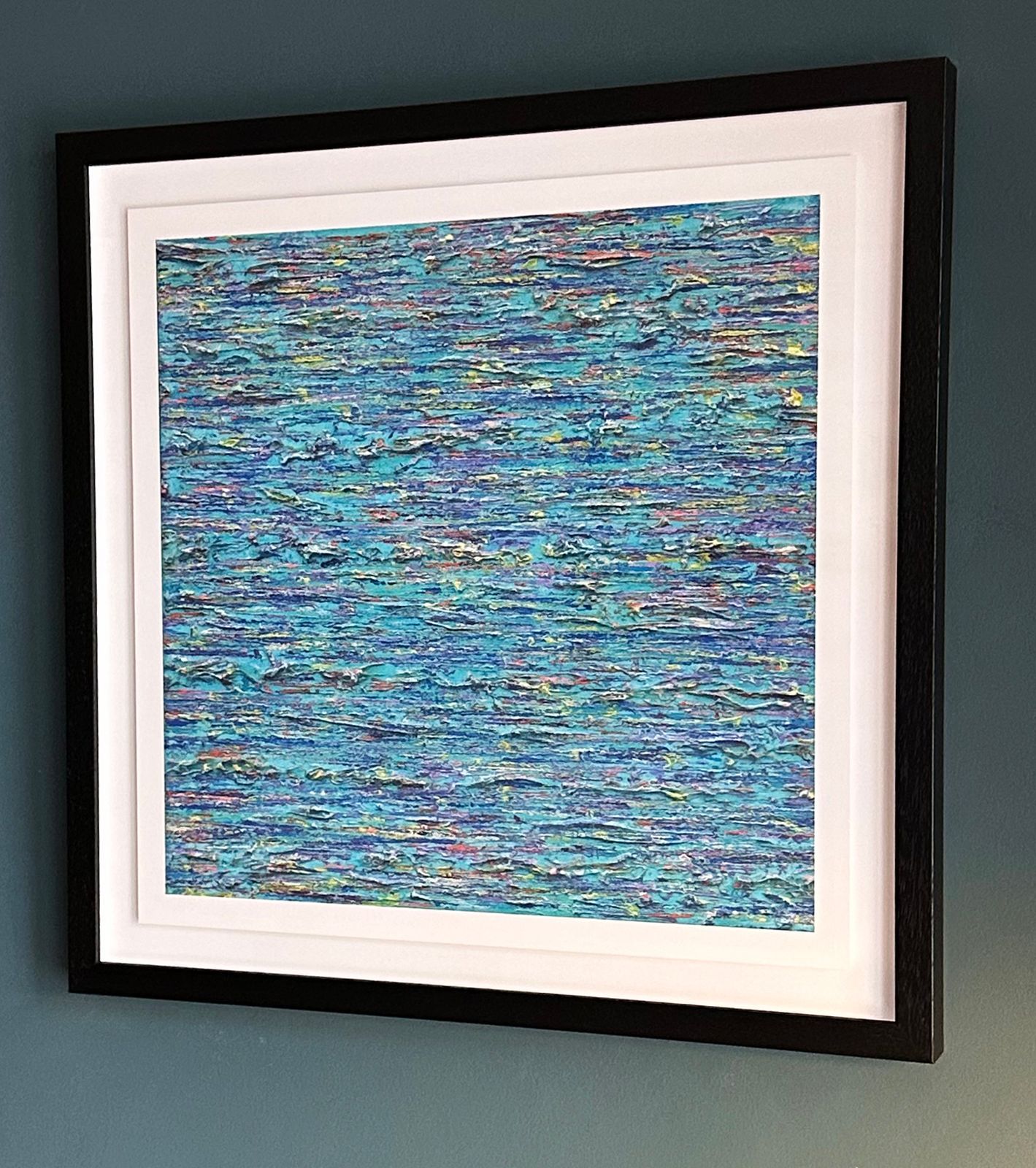 Rich, deep turquoise abstract painting captured as a giclee print shown float mounted in black frame