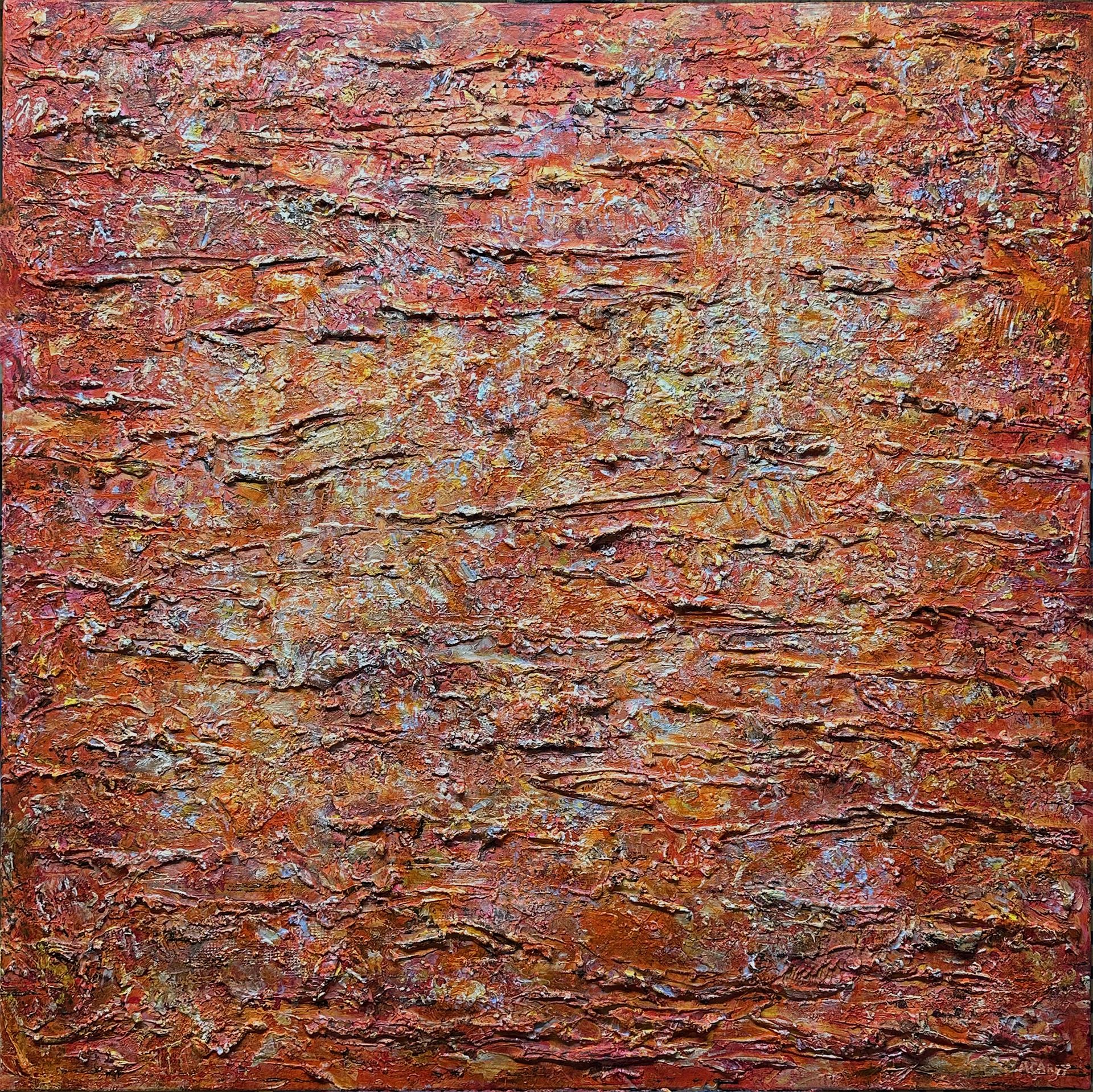 An abstract expressionist painting in orange, soft creamy orange tones along with darker brown orange towards the edges. A statement piece, the textured elements add depth as they cast shadows as the light changes. As result of this the effects of pareidolia come into play.(like when you see things when you look at the clouds)