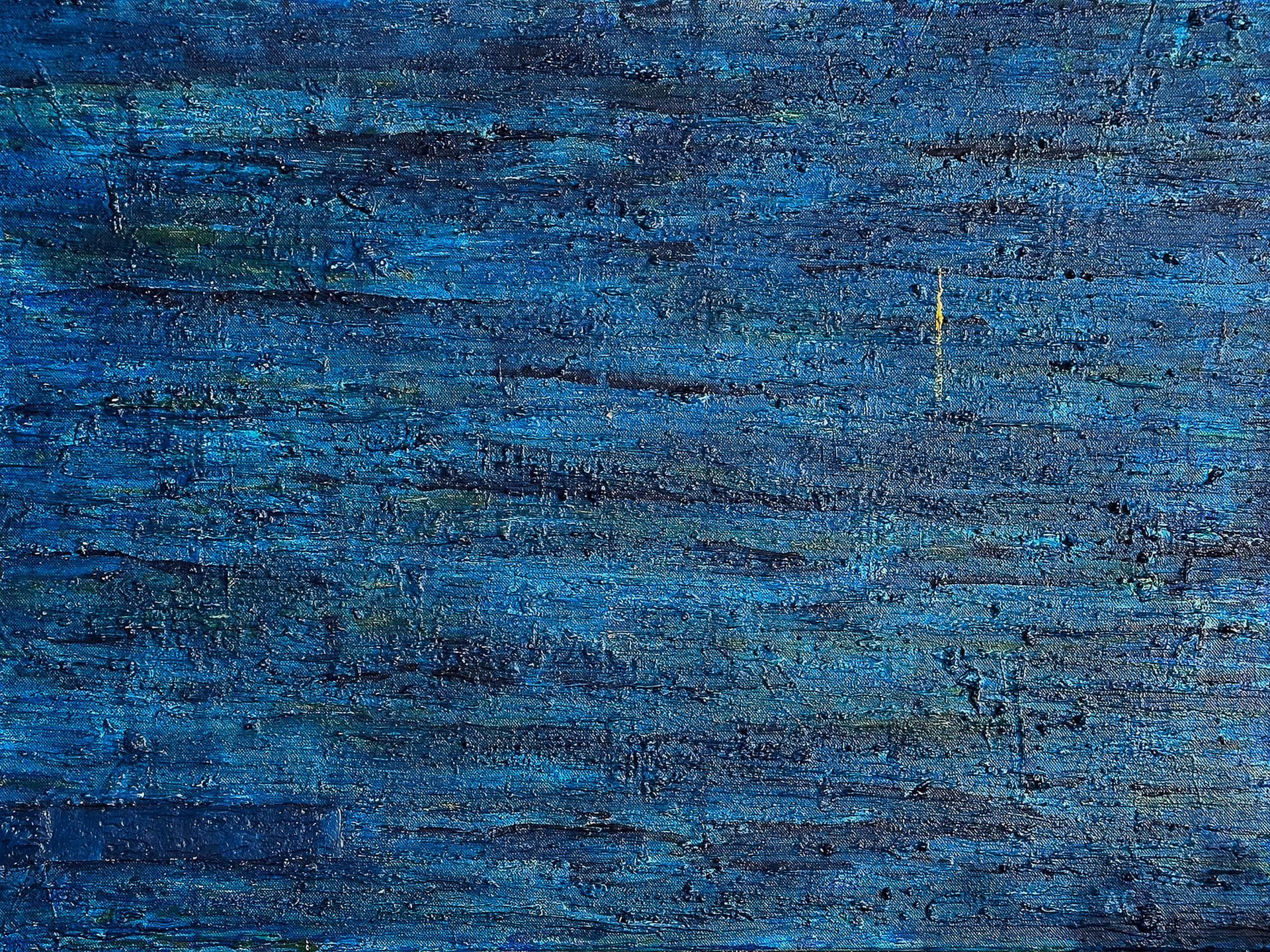 Rich, deep abstract painting in Prussian blue with a single vertical yellow stroke in the upper right quarter