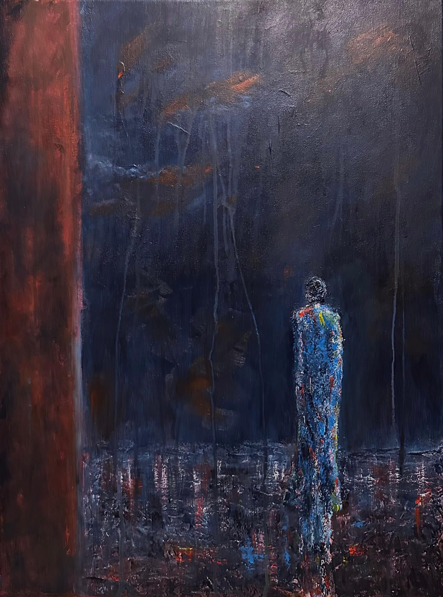 Abstract figurative painting showing a lone textured figure standing before a dark, atmospheric background. The mood is quiet, distant, and emotionally charged.
