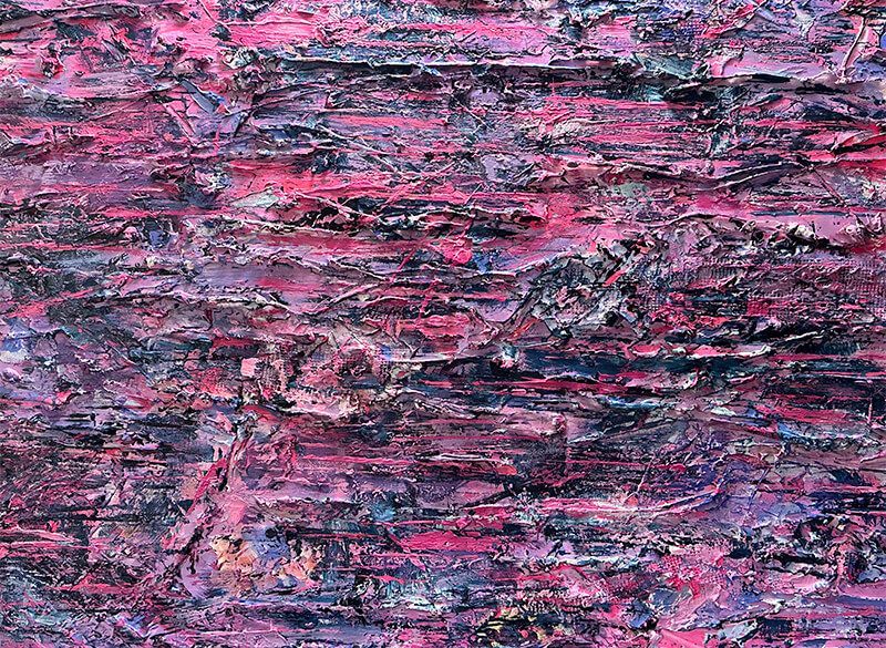 Midnight On Jacaranda Boulevard Abstract painting in rich purples, blues, and pinks, with layered textures suggesting soft tree forms and reflected light. Evokes the mood of a midnight walk beneath jacaranda trees lit by neon.