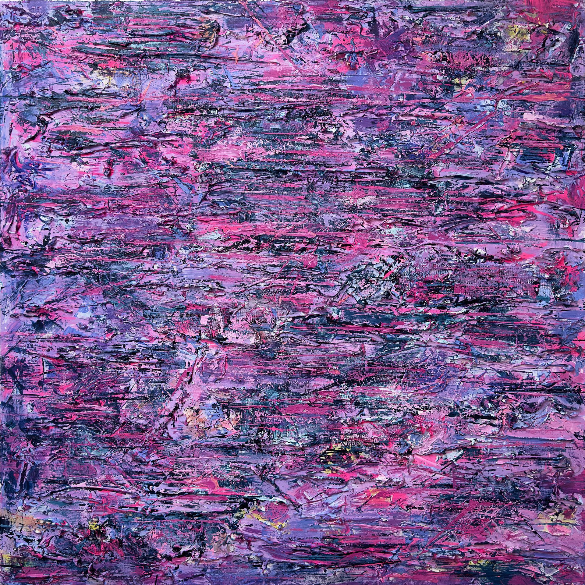 Abstract painting in rich purples, blues, and pinks, with layered textures suggesting soft tree forms and reflected light. Evokes the mood of a midnight walk beneath jacaranda trees lit by neon.