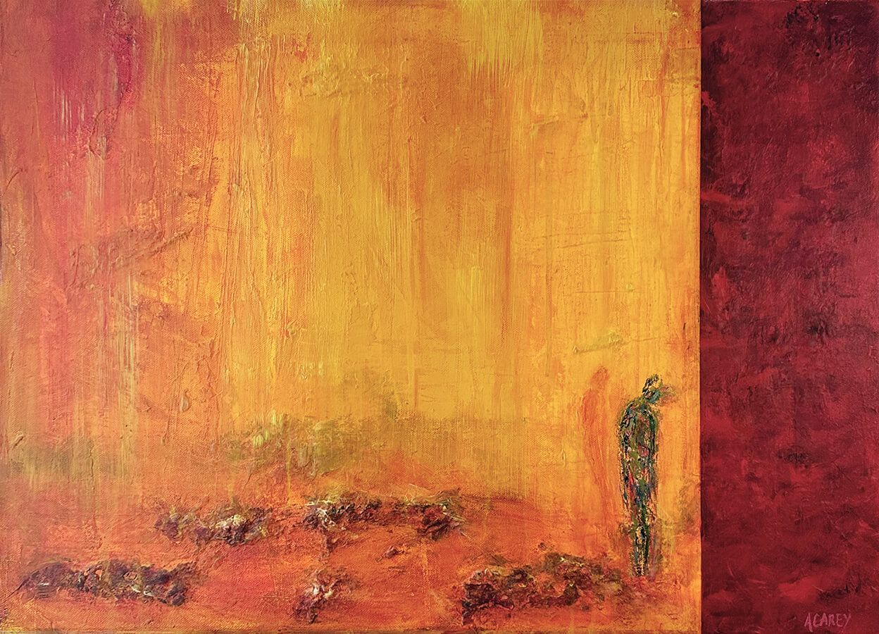 Painting with a lone figure standing in a textured yellow-orange field, facing a deep red vertical strip. Dark mounds are scattered across the ground, evoking ritual or memory. The scene suggests personal transformation, grief, and the emotional tension of change.