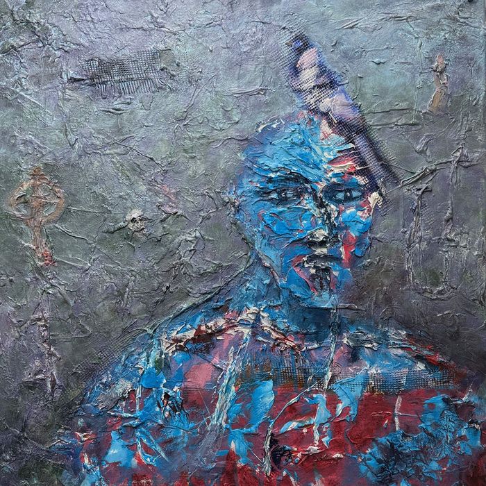 Abstract figurative painting of a blue face and torso with a heavily textured grey ground