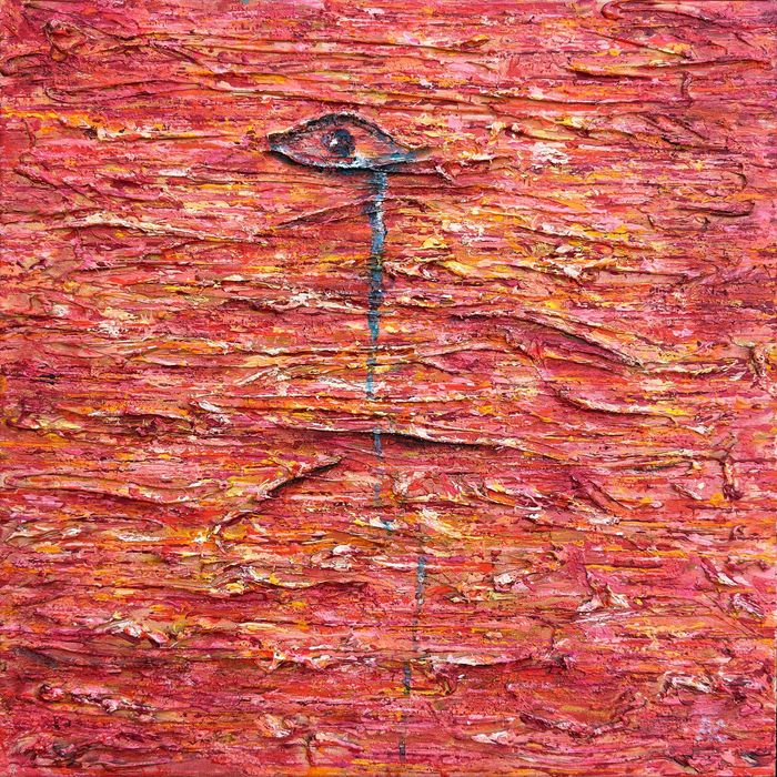 Abstract acrylic painting with thick red, orange, and pink textured layers and a single eye-like form near the centre