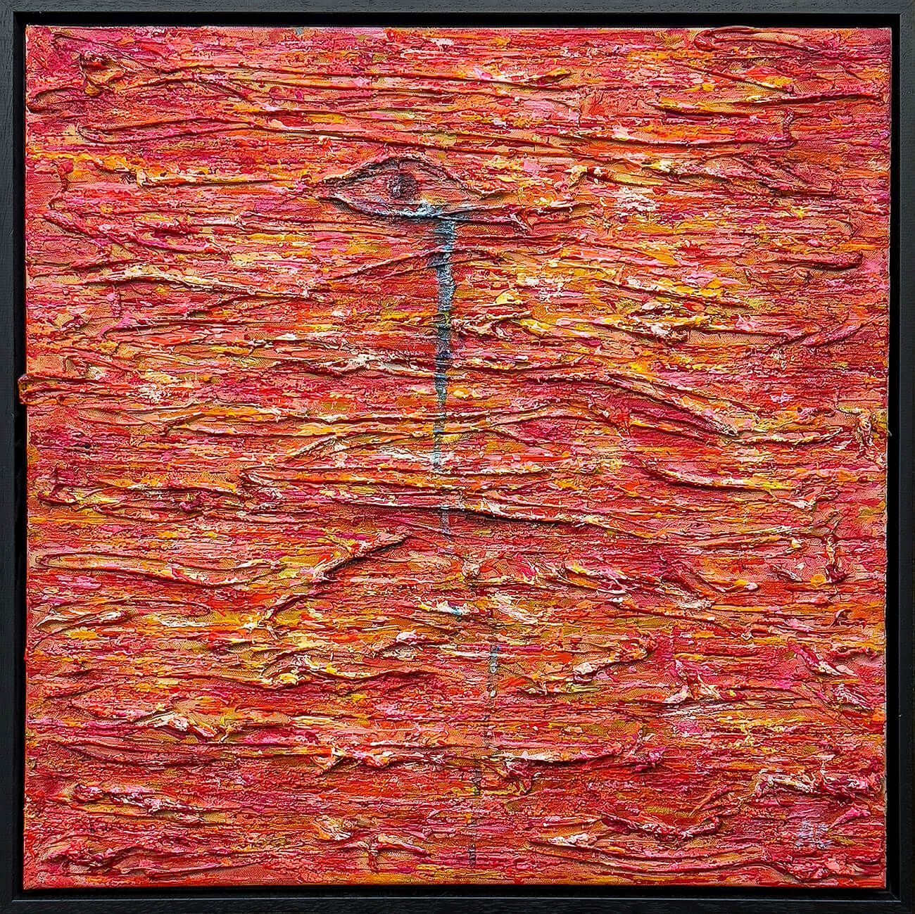 Abstract painting with warm, textured reds and oranges. A single eye is embedded in the surface, with a thin line below it suggesting a tear. The piece evokes silent emotion, memory, and deep presence.