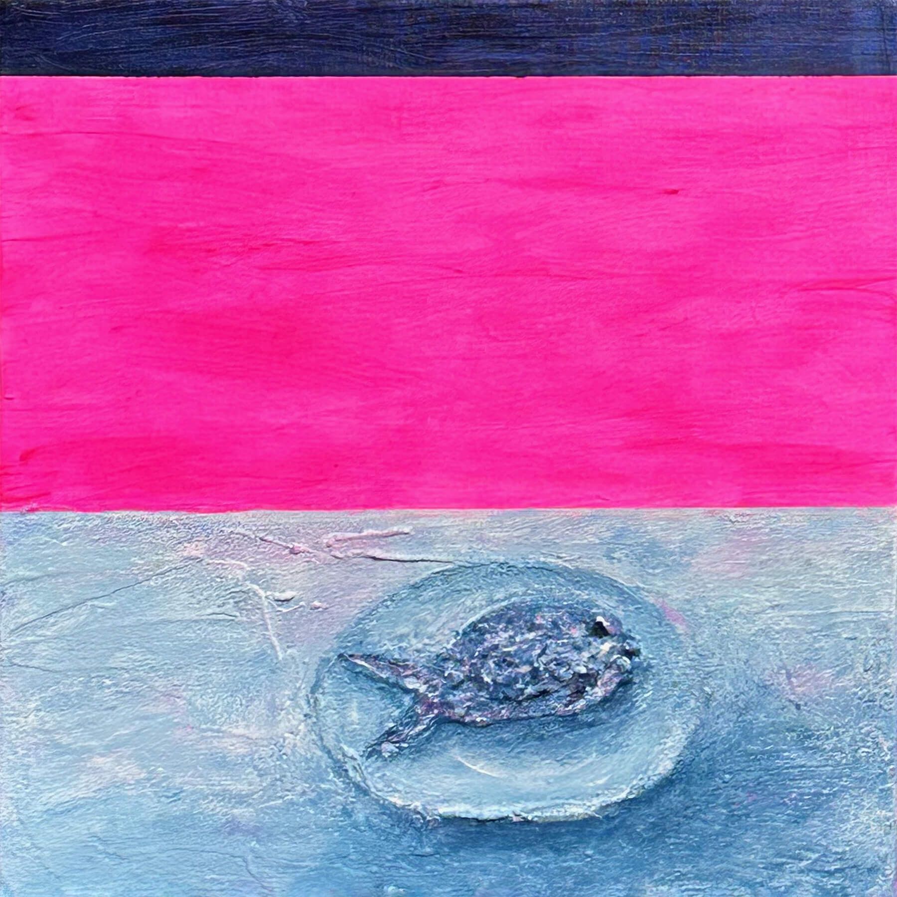 Silent Supper 4, minimal painting with a bright pink upper field and a pale blue lower ground holding a small fish-like form on a plate