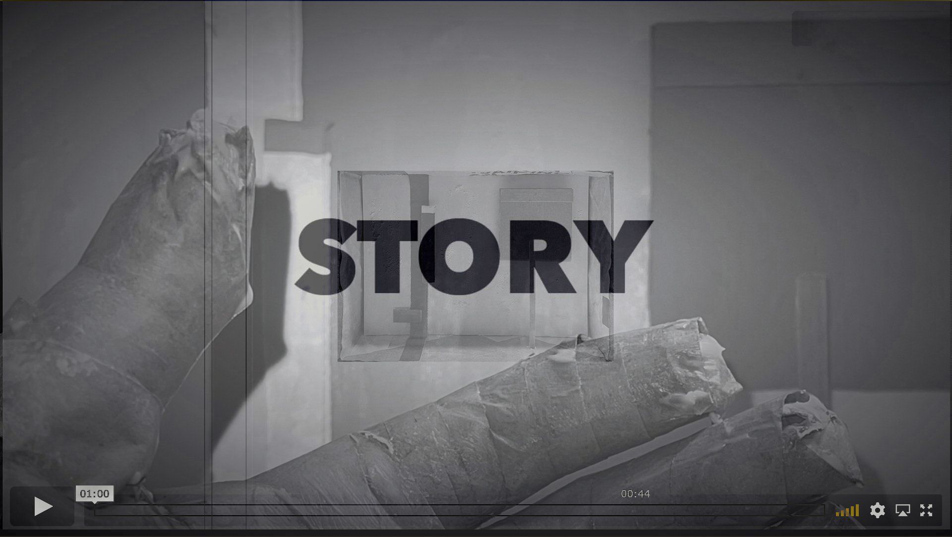 Two still frames from the film *Story* by Anthony Carey. The top frame shows a grayscale interior with a crumpled sleeping bag against a wall; the word “STORY” is overlaid in bold text.