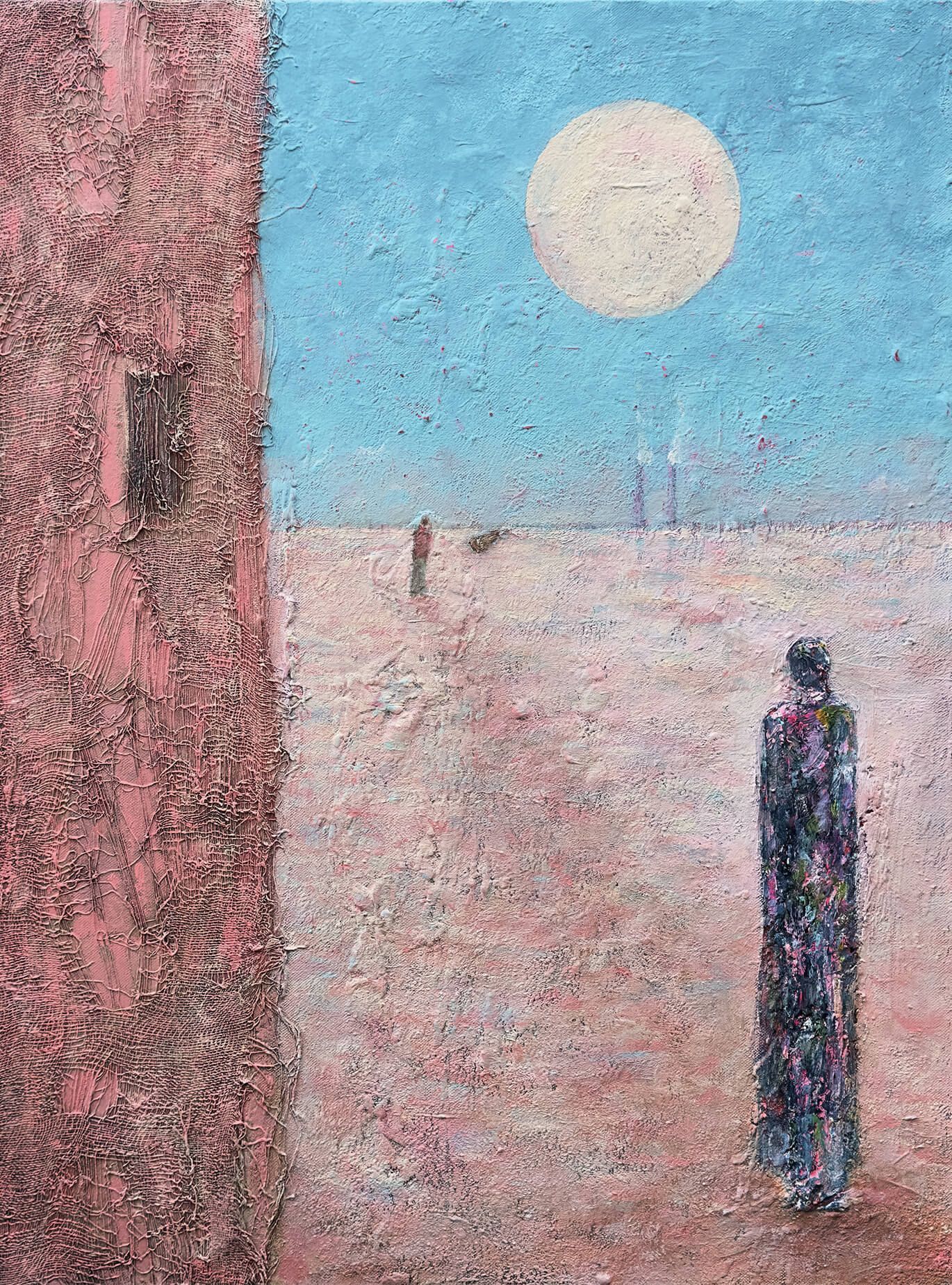 The Last Fisherman, figurative painting with one dark figure in the foreground and a second small figure on the distant horizon beneath a white sun and blue sky