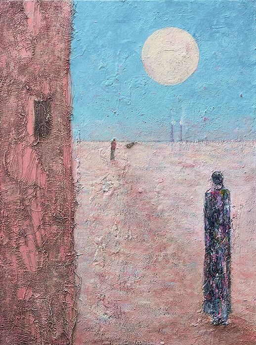 Textured figurative painting with a single figure in the foreground looking toward a distant figure under a pale full moon. Soft pink and blue tones suggest dusk or early morning. A faint city skyline with towers appears on the horizon. The mood is reflective, solitary, and tinged with loss.