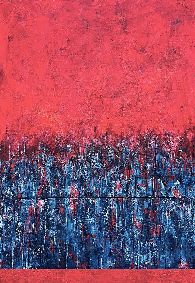 Weathered figures beneath a bold red sky reflect emotions like passion, love, and transformation, with the promise of a better day.