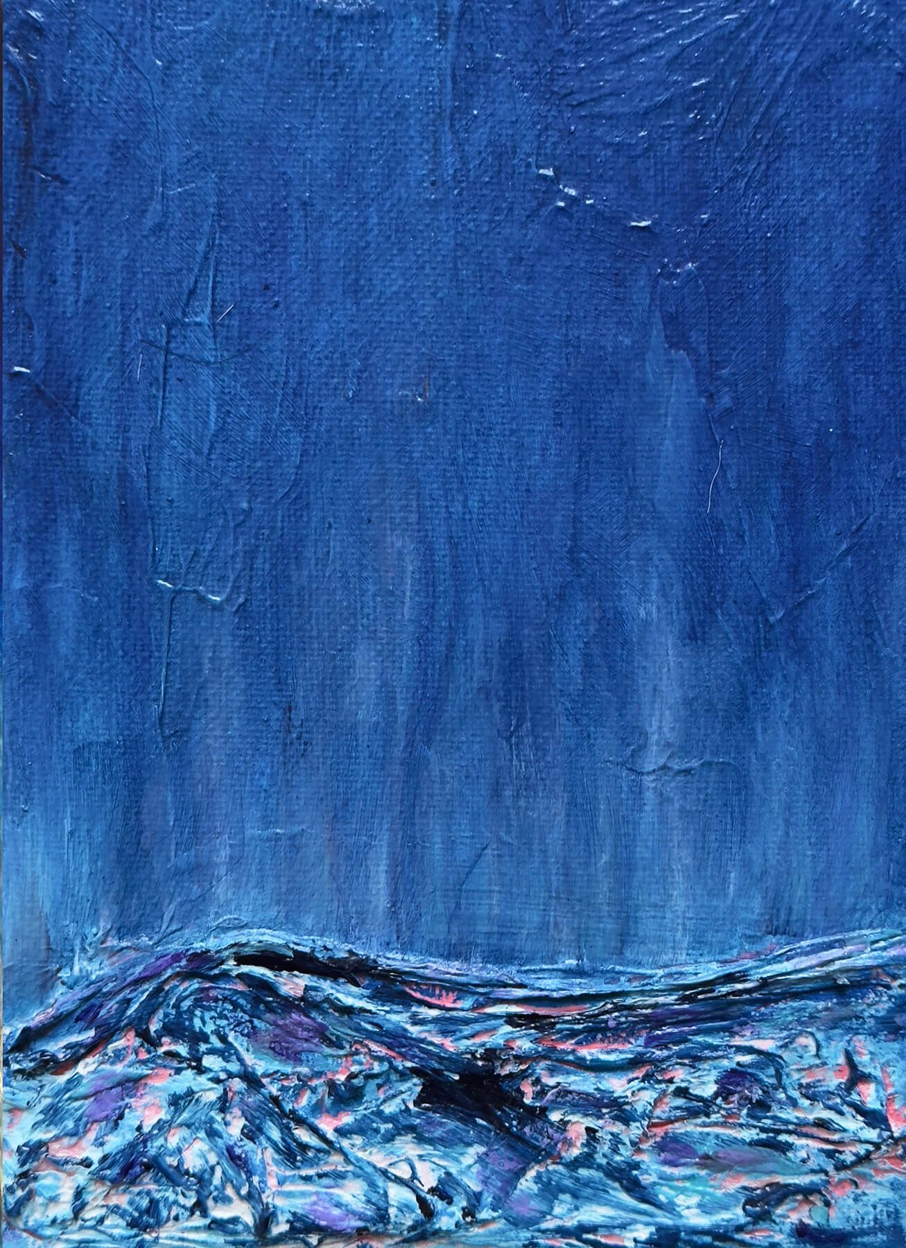Weather Note III-Small mountain landscape in deep blue tones, with distant peaks, quiet water, and a held sense of weather and mood
