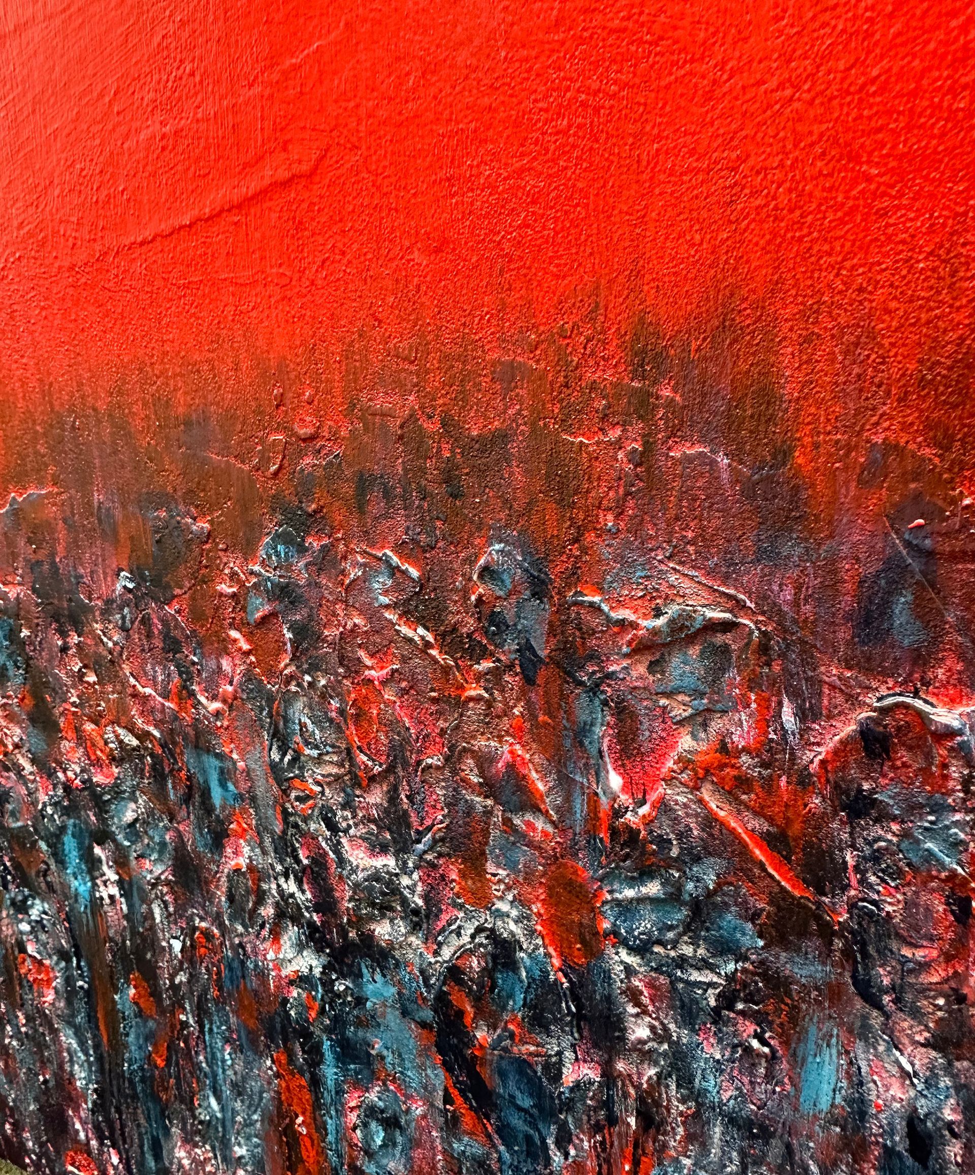 Close up of painting showing figurative elements in dark blue and white set against a red background
