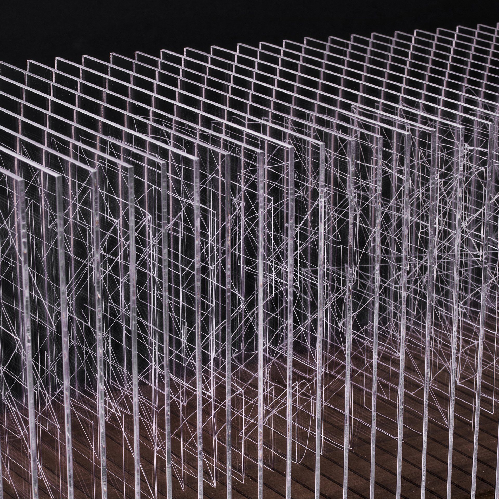 Close-up view of Connection sculpture, 60 pieces of acrylic engraved on both sides mounted in an oiled walnut base