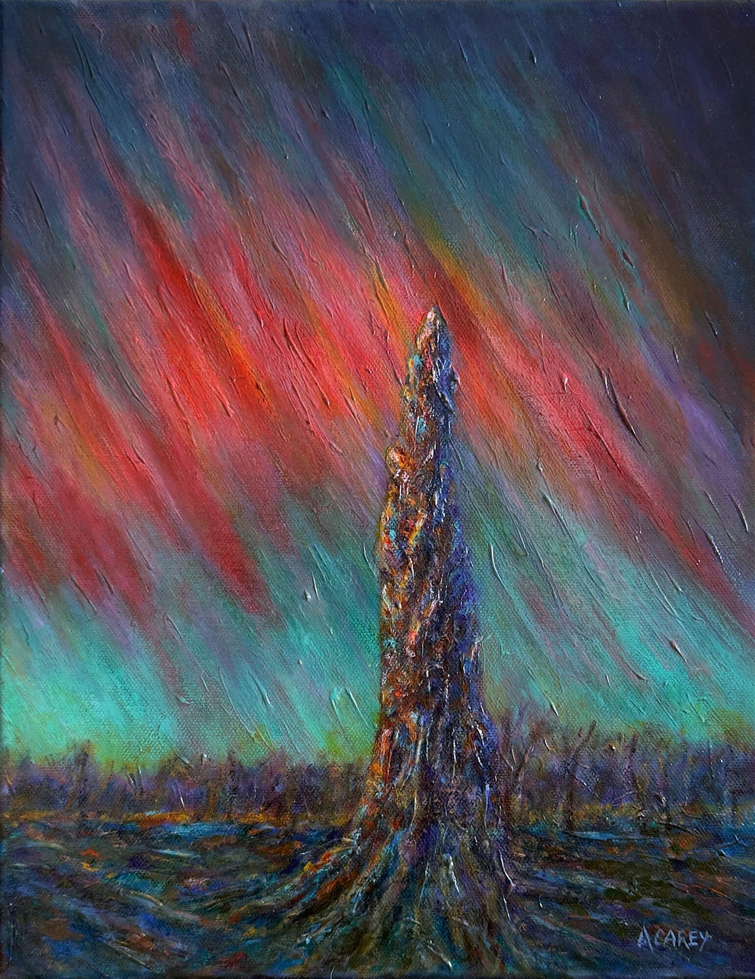 Charred tree in field under aurora borealis at Elk Island National Park, Edmonton, Alberta.