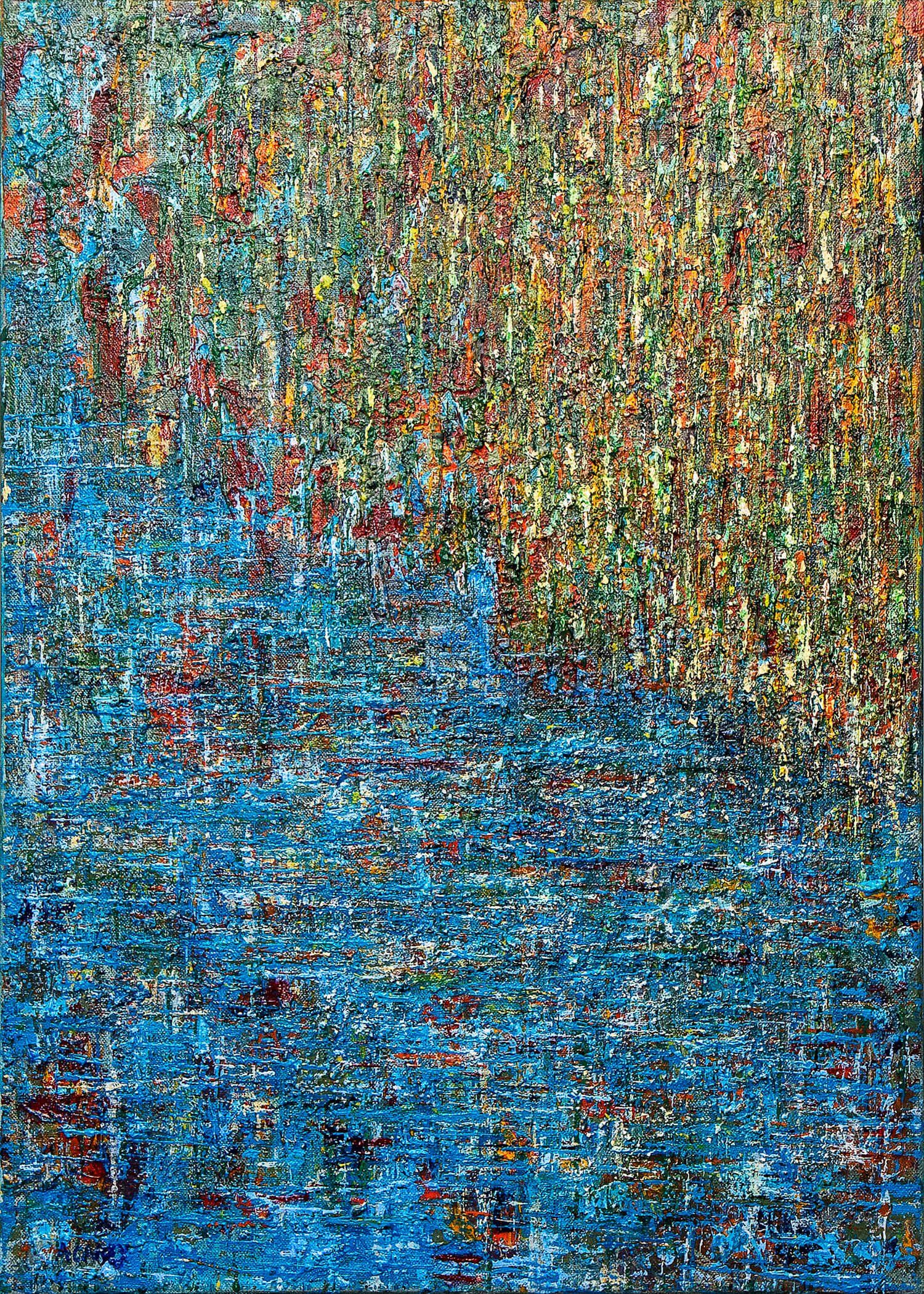 Evening Walks in Learned Cities, abstract painting with dense blue lower ground and layered vertical marks in green, red, yellow, and white