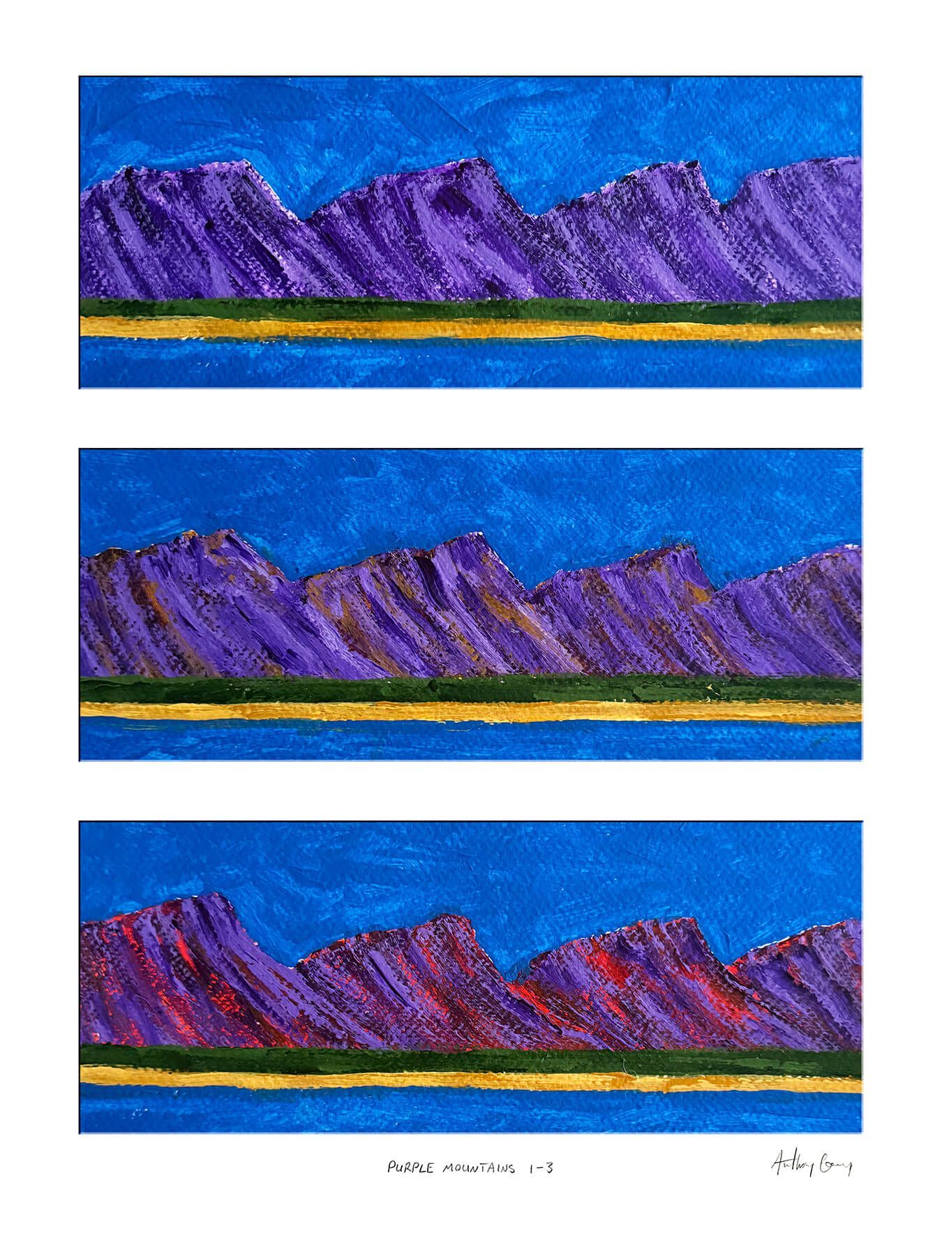 Triptych of small mountain paintings in purple tones, using repetition, rhythm, and shifting remembered form