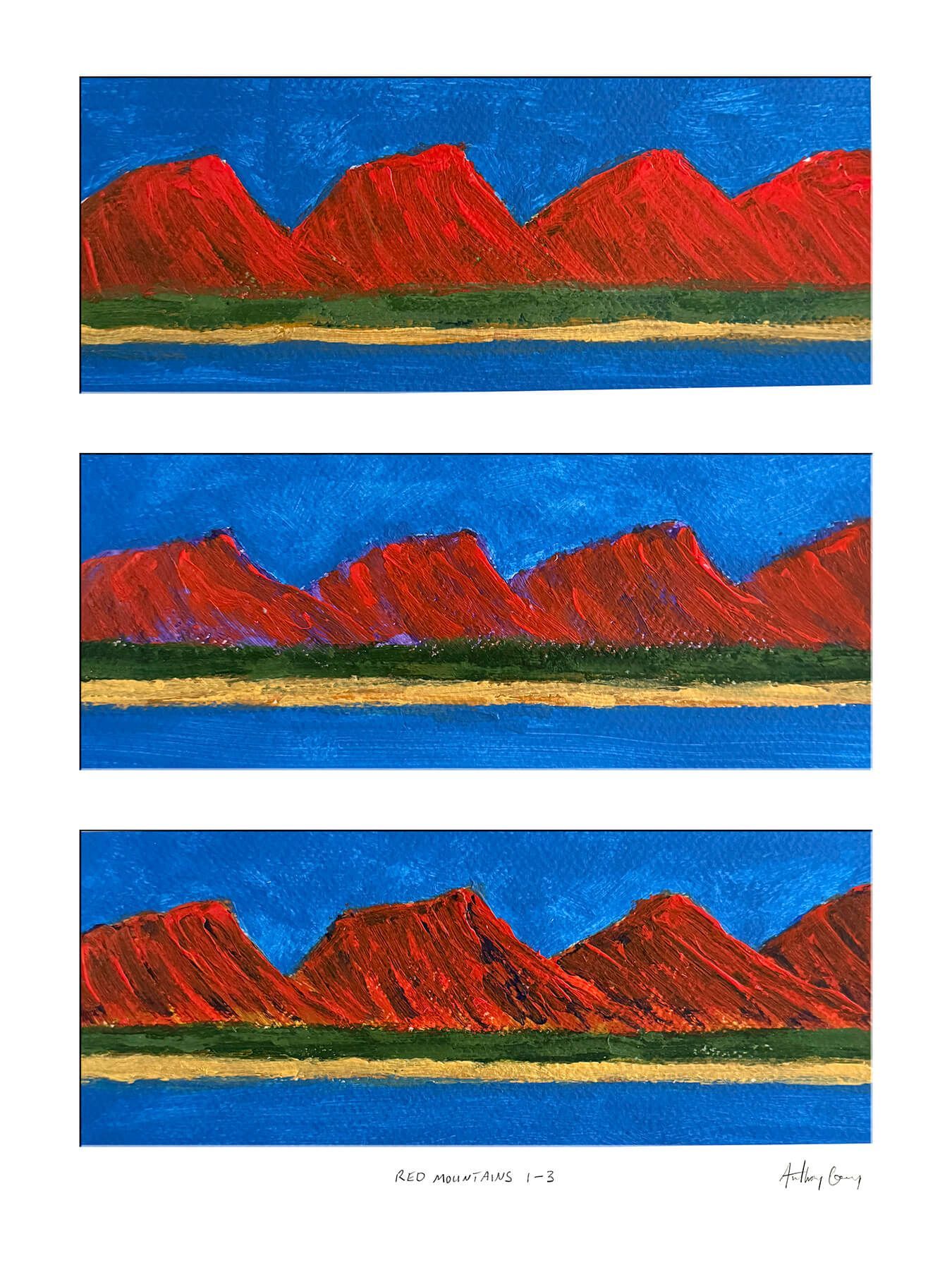 Triptych of small mountain paintings in red tones, with repeated forms and a warmer, more heated emotional register